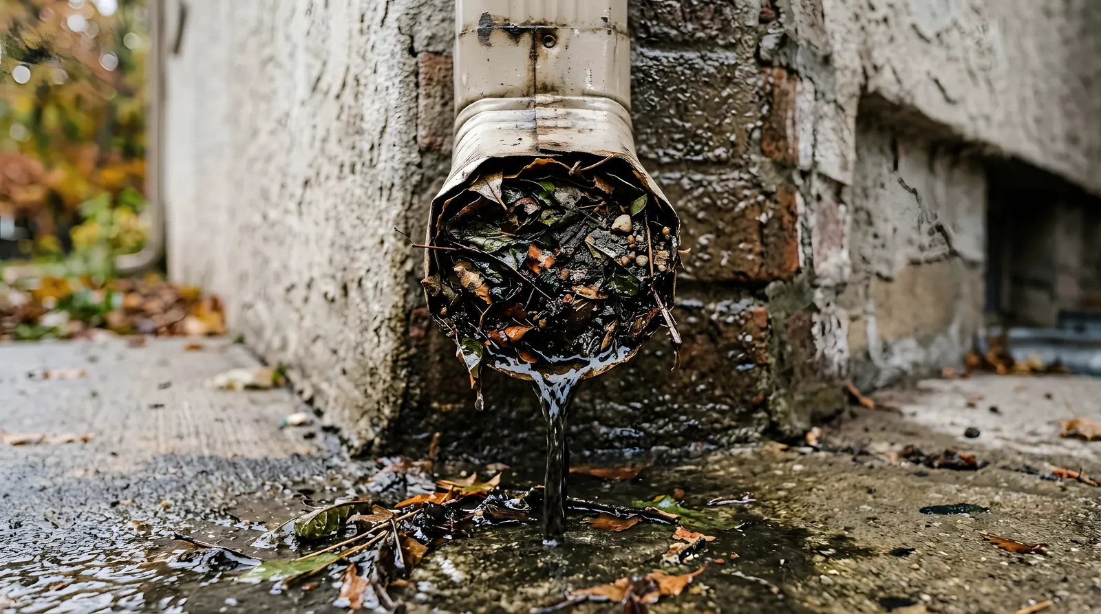 Downspout outlet packed solid with wet leaves and grit, with water trickling out at the bottom