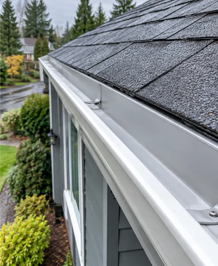 Example of the same style of white gutter cleared and draining, with the shingle edge visible