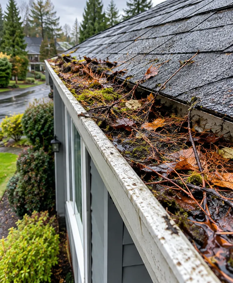 Example of a clogged white gutter full of wet leaves, fir needles and moss on a grey house