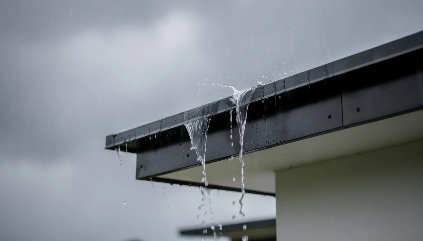 Gutter overflowing during heavy rain because of a blocked downspout