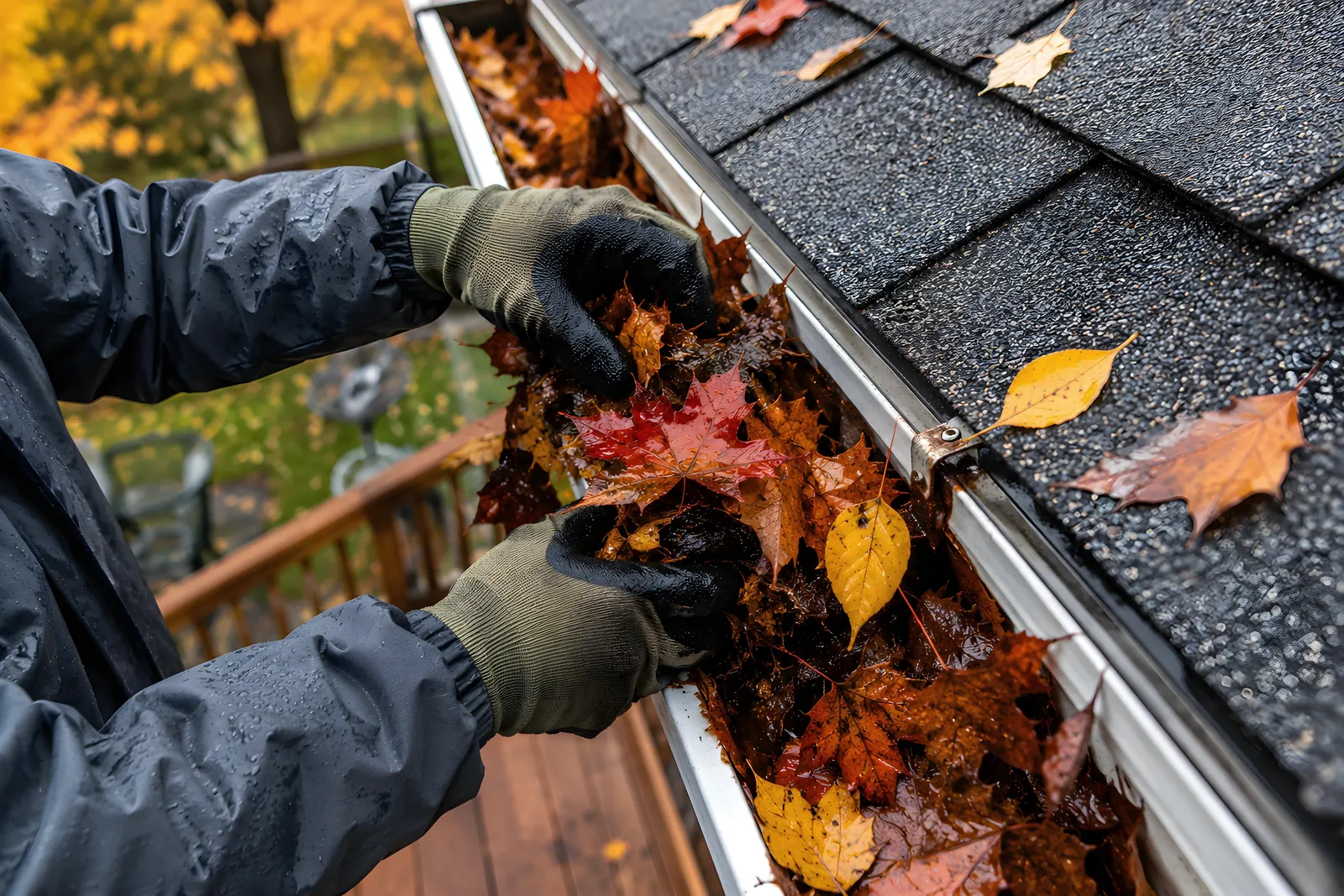 Hand clearing packed maple leaves out of a gutter, part of learning how to clean gutters during a fall cleaning in Vancouver