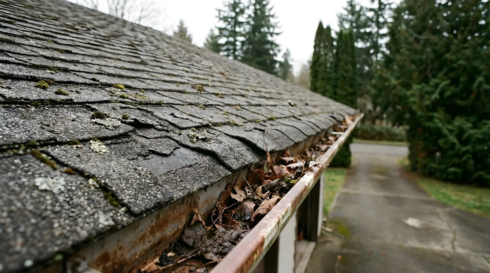 Roof cleaning Langley, a mossy roof edge with a packed gutter below and tall evergreens behind