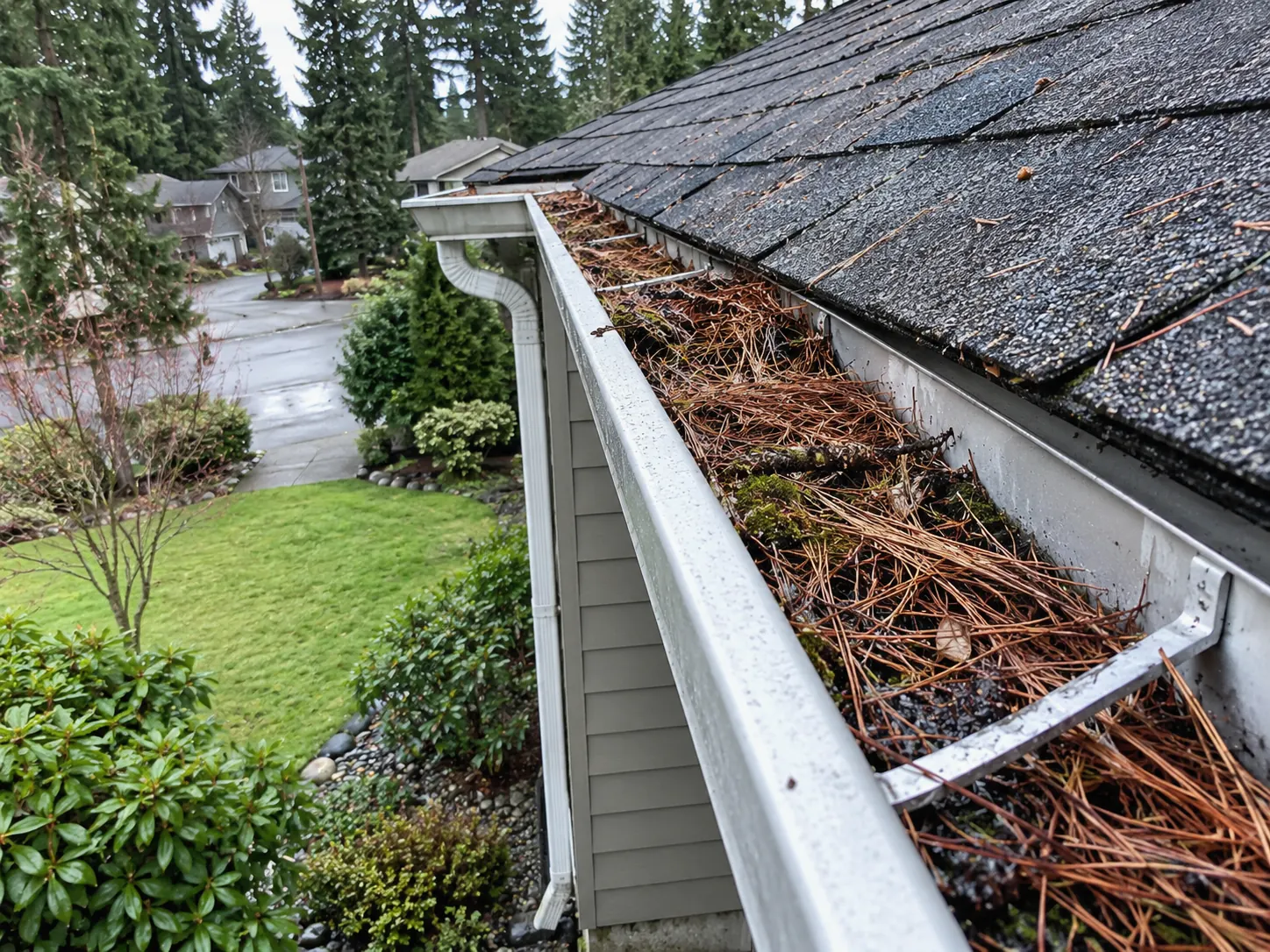 Long brown pine needles packed along an aluminum eavestrough, showing how fine needles collect where a screen guard would let them through